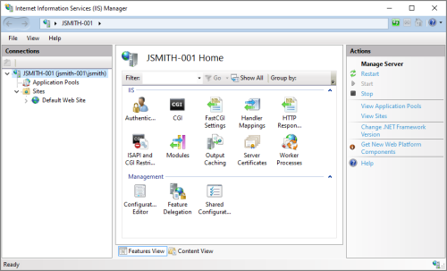 The IIS Manager showing the Default Web Site.